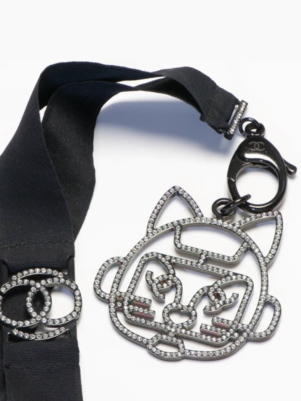 NWOT CHANEL 2017 Cat Necklace Lanyard-Crystal Rhinestone Black Cat Charm-CC Logo